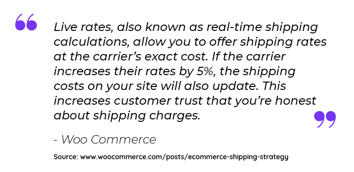 Live rates, also known as real-time shipping calculations, allow you to offer shipping rates at the carrier's exact cost. If the carrier increases their rates by 5%, the shipping costs on your site will also update. This increases customer trust that you're honest about shipping charges.