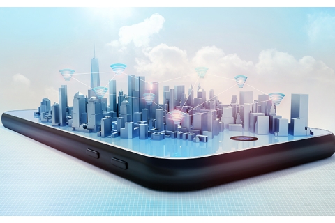 3D rendering projection of city on mobile phone